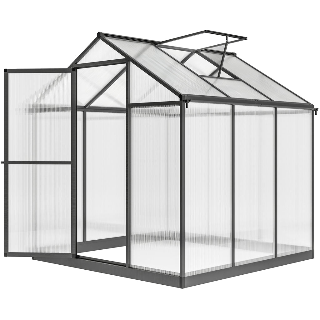 دفيئة بوليكربونات 6' × 8' × 6.4'، طقم دفيئة ألومنيوم للمشي في الحديقة، لزراعة النباتات مع مزاريب للمطر وفتحة سقف، رمادي فحمي