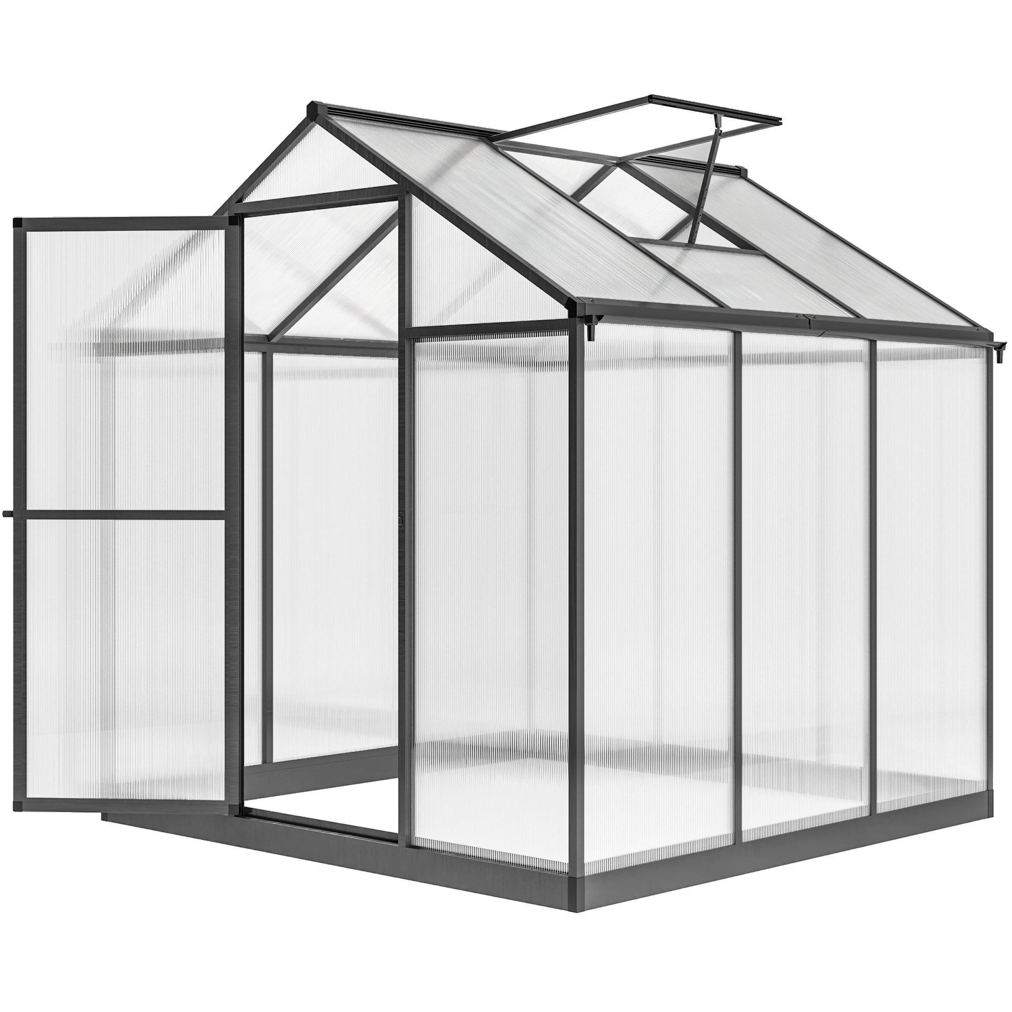 دفيئة بوليكربونات 6' × 8' × 6.4'، طقم دفيئة ألومنيوم للمشي في الحديقة، لزراعة النباتات مع مزاريب للمطر وفتحة سقف، رمادي فحمي