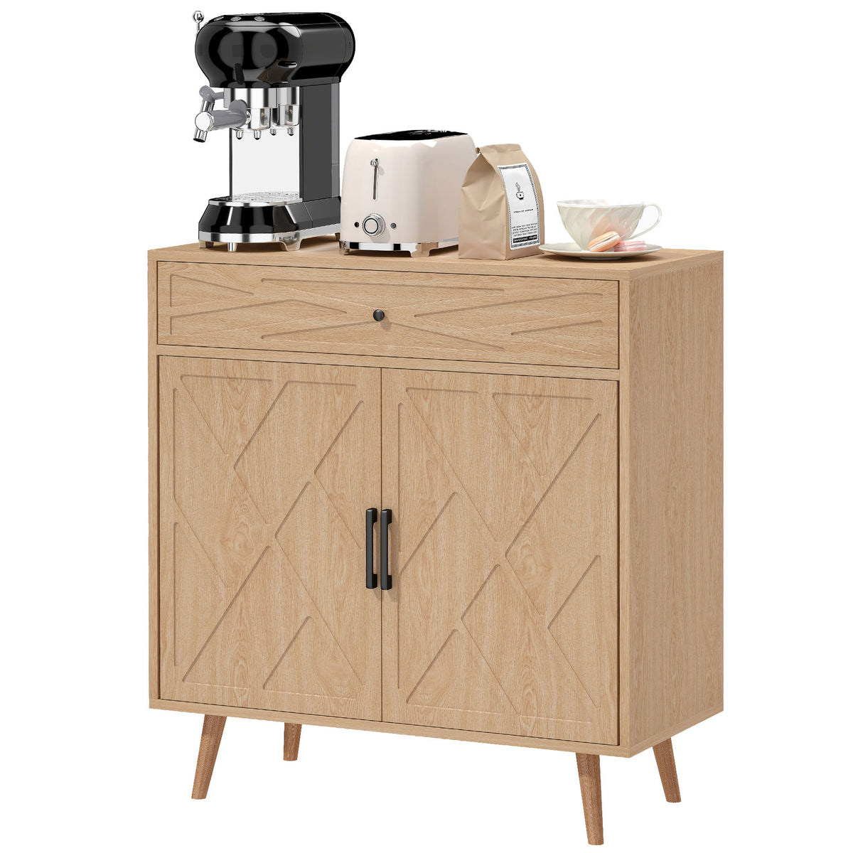 30" Sideboard with Patterned Doors, Buffet Cabinet with Drawer and Cabinet for Dining Room, Oak