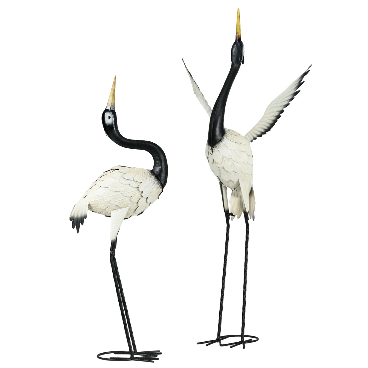 Set of 2 Garden Sculptures Heron Statues Lawn Patio Backyard Ornaments, 35.4"-40.6", White and Black