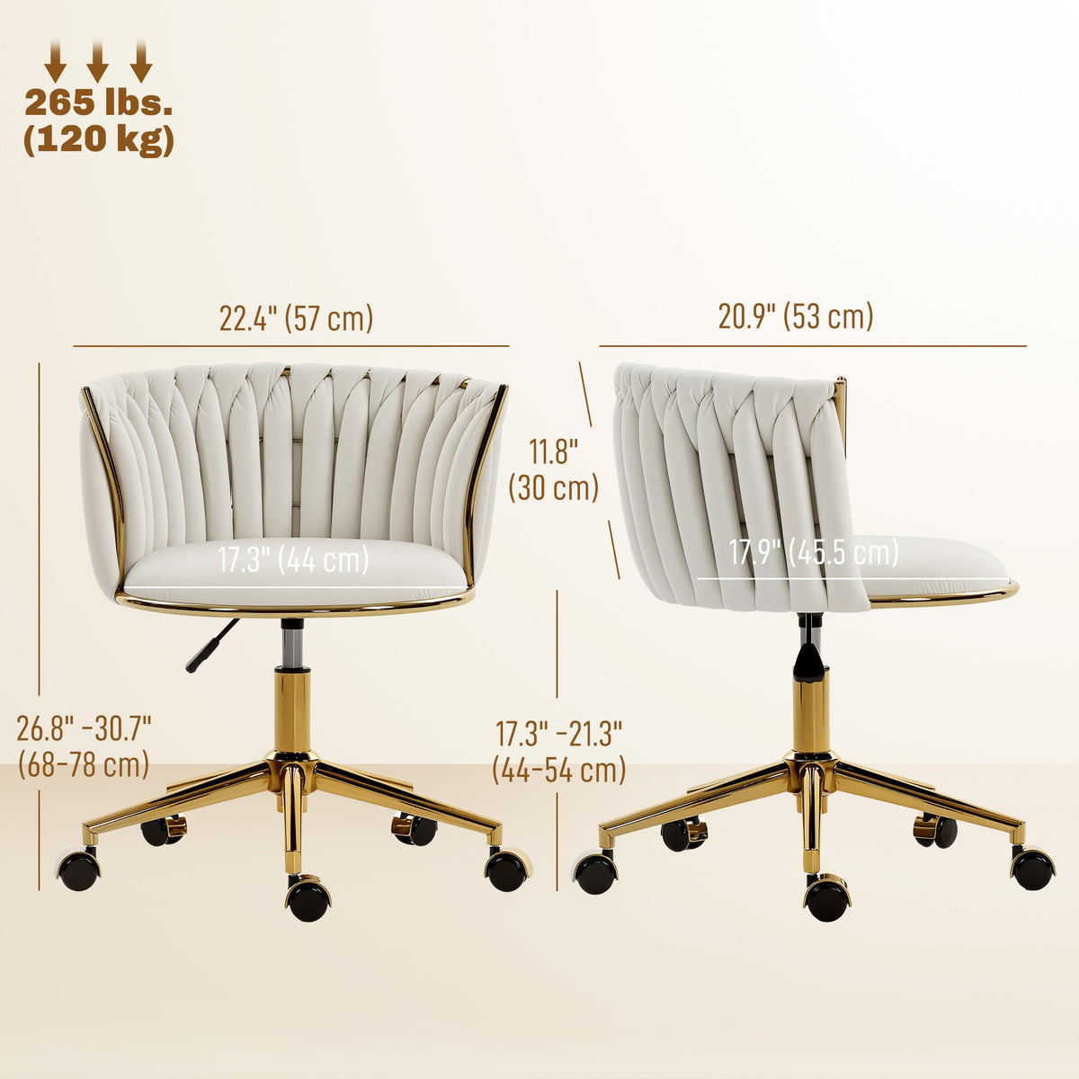 Office Chair, Vanity Chair with Woven Back, Adjustable Height, Rolling Wheels, Cream White