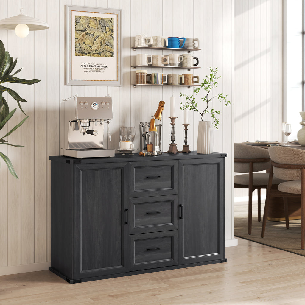 Sideboard with 3 Drawers and 2 Doors, 47" Buffet Cabinet with Adjustable Shelves for Kitchen, Black Wood Grain