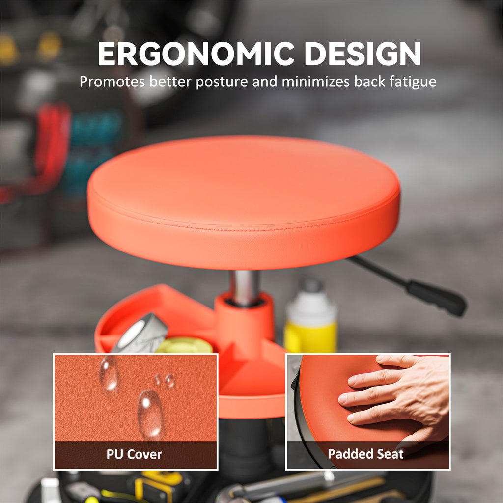 Rolling Garage Stool, 300 LBS Capacity Mechanic Stool with 2.5" Wheels, Tool Trays Storage, Adjustable Height, Orange