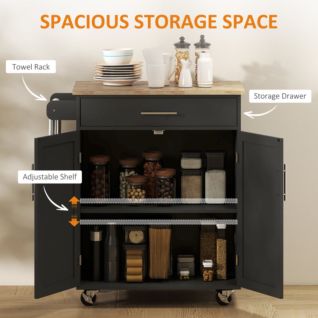 Rolling Kitchen Island Cart with Wood Top, Enough Storage Drawer Space with Towel Bar Rack Shelves, Portable Kitchen Utility Serving Cart Trolley on Wheels, Black