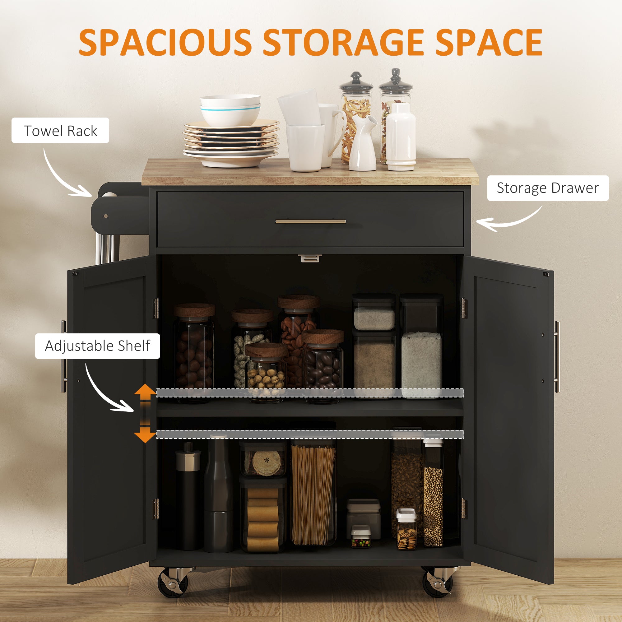 Rolling Kitchen Island Cart with Wood Top, Enough Storage Drawer Space with Towel Bar Rack Shelves, Portable Kitchen Utility Serving Cart Trolley on Wheels, Black