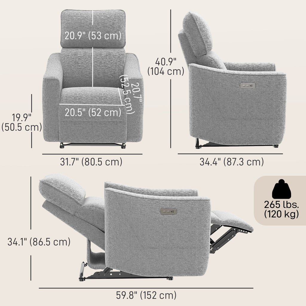 Power Recliner Chair, Chenille Upholstered Recliner Chair with USB Ports, Footrest, Grey