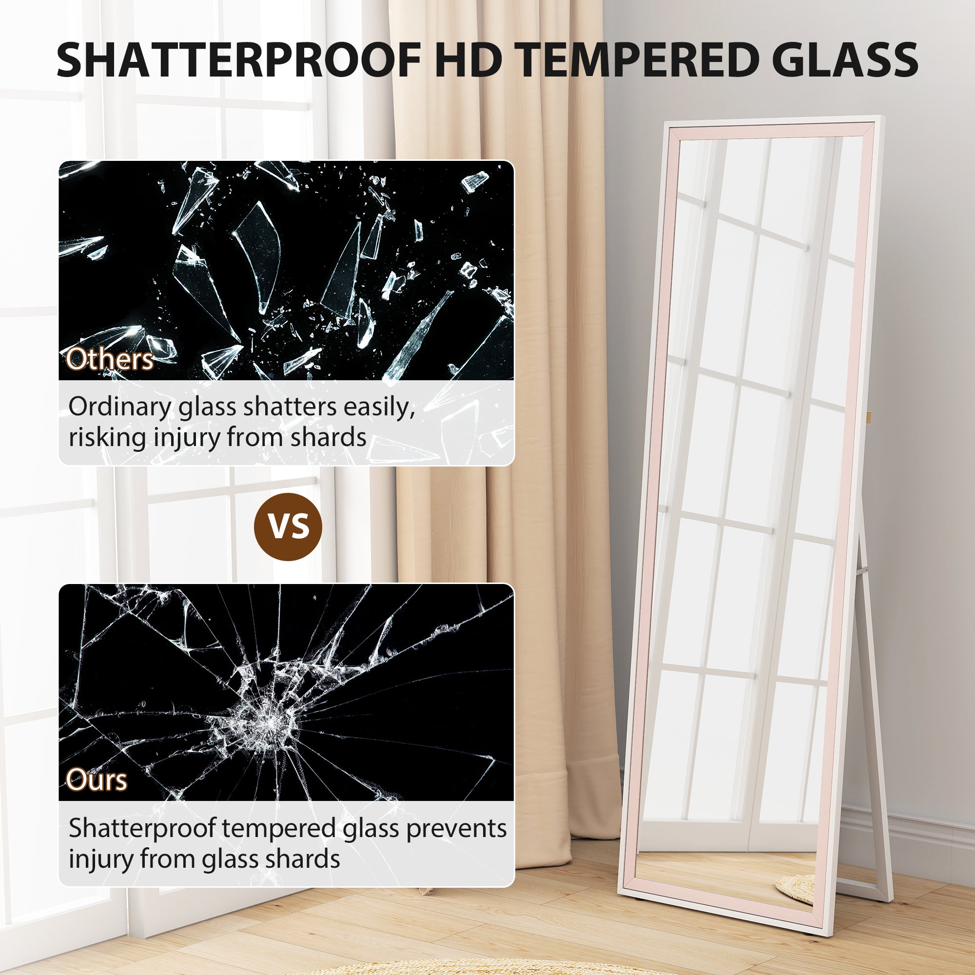64" x 21" ሙሉ ቁመት መስታወት፣ ምስ ፍሬም ዝተሰርሐ ካራባዕ ሙሉ ኣካል መስታወት፣ ደው ዝበለ፣ ዝተንጠልጠለ ወይ ዝተደገፈ፣ ጻዕዳን ሮዛን