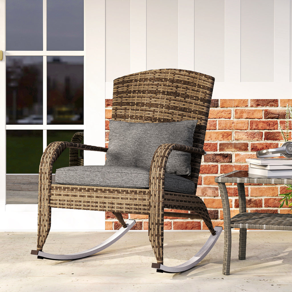 Adirondack Chair, Outdoor Wicker Rocking Chair with High Back, Seat Cushion and Pillow for Porch, Balcony, Grey/Yellow