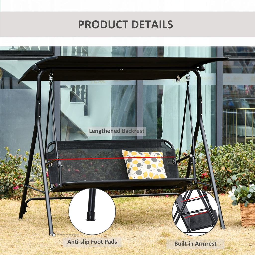مقعد أرجوحة للشرفة يتسع لشخصين، أرجوحة فناء تتسع لشخصين مع مظلة قابلة للتعديل، مقعد جيد التهوية للحديقة، بجانب المسبح، أسود