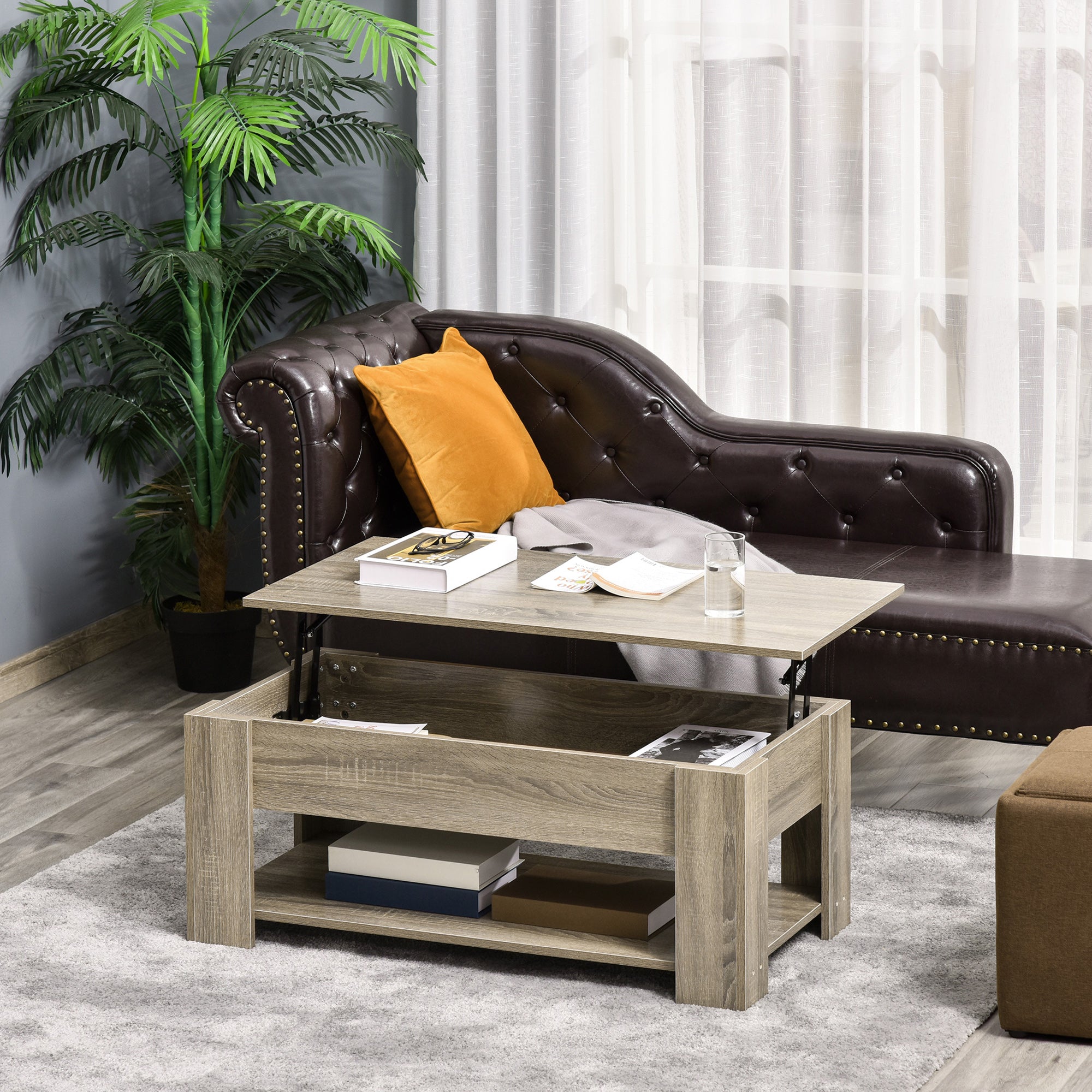 Lift Top Coffee Table with Hidden Storage Compartment and Open Shelf, Center Table for Living Room, Grey