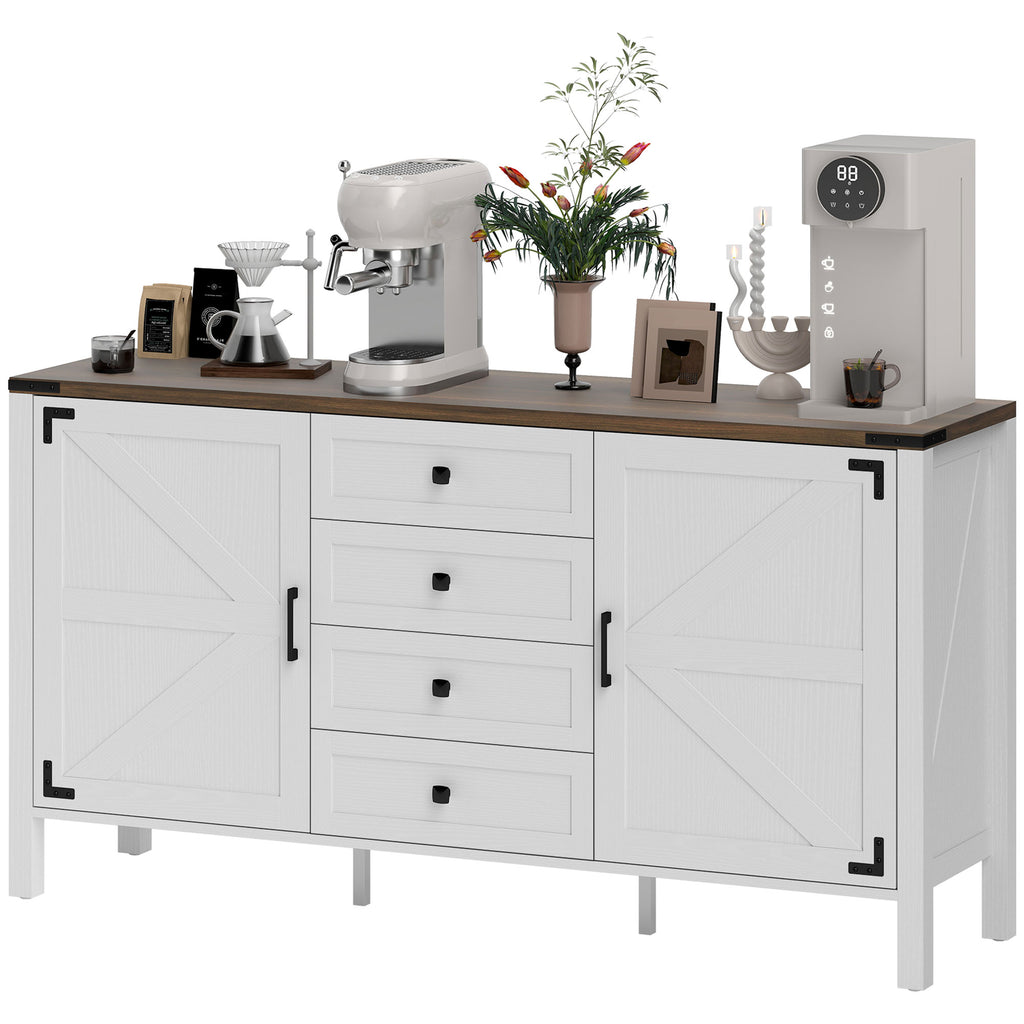 30" Buffet Cabinet, Farmhouse Sideboard with 1.2" Thick Top, 2 Barn Doors, Drawer and Adjustable Shelf, White