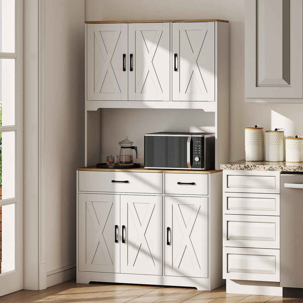 Tall Kitchen Pantry, 6 Doors, 2 Drawers, Adjustable Shelves & Worktop, Rustic Storage Cabinet for Living Room White