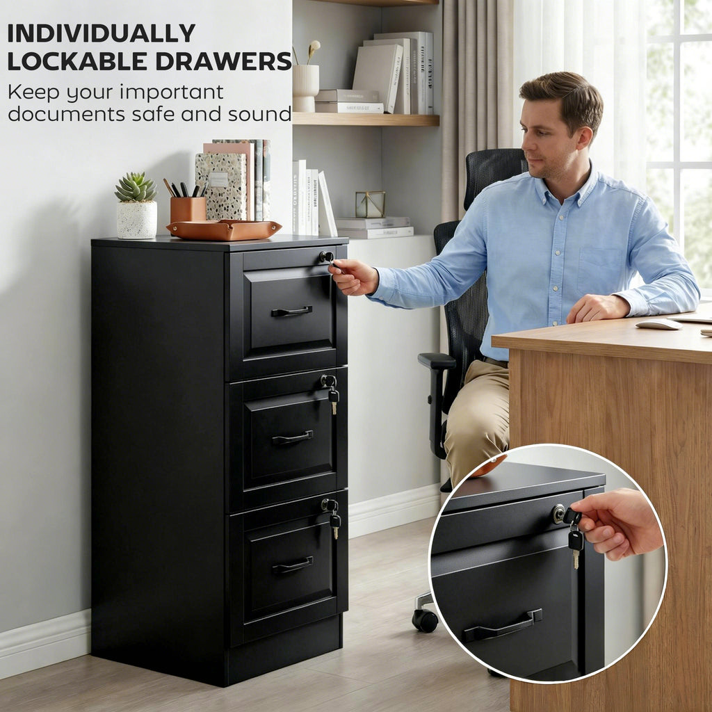 3 Drawer File Cabinet with Lock, Vertical Filing Cabinet with Adjustable Hanging Bars for A4 and Letter Size, Black