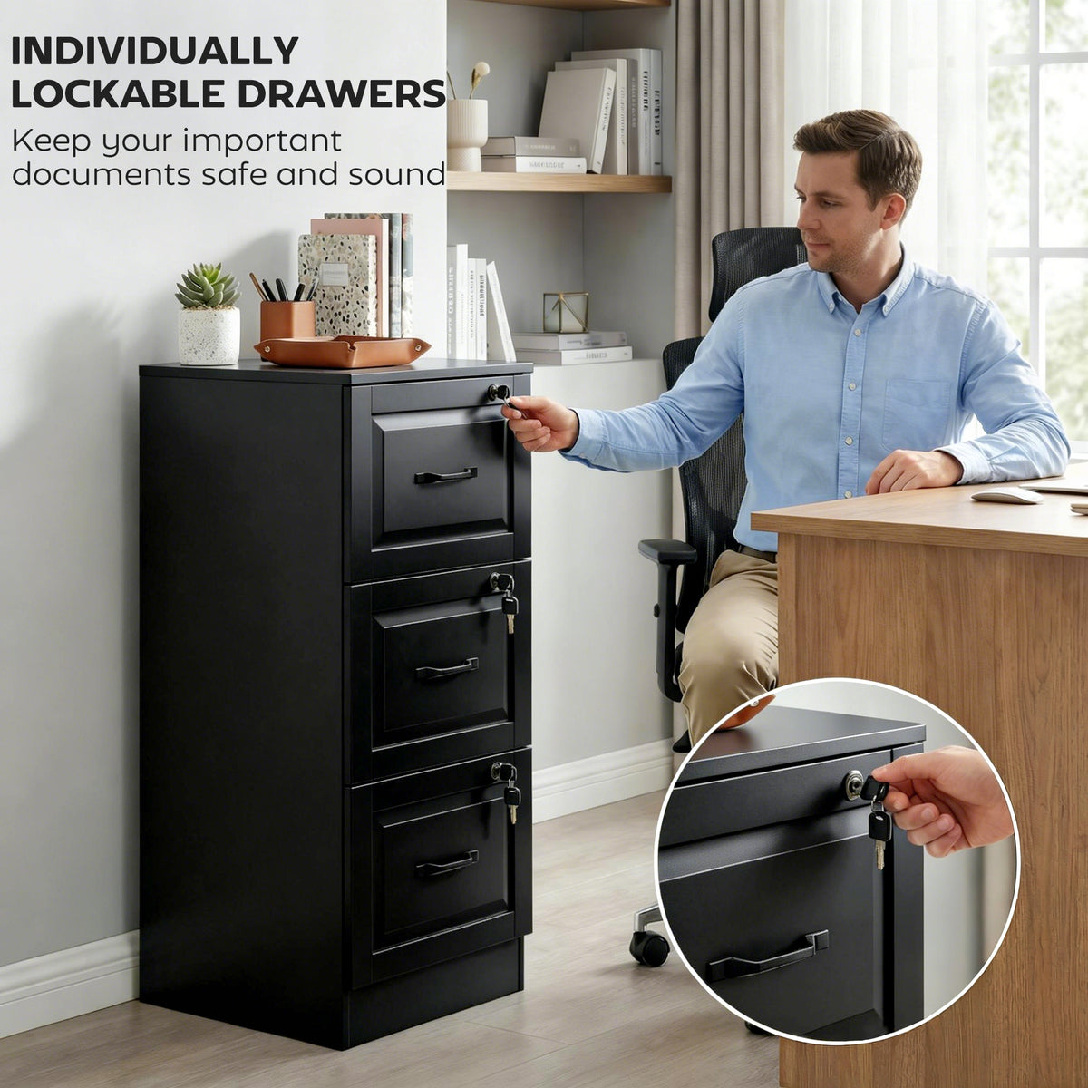 3 Drawer File Cabinet with Lock, Vertical Filing Cabinet with Adjustable Hanging Bars for A4 and Letter Size, Black