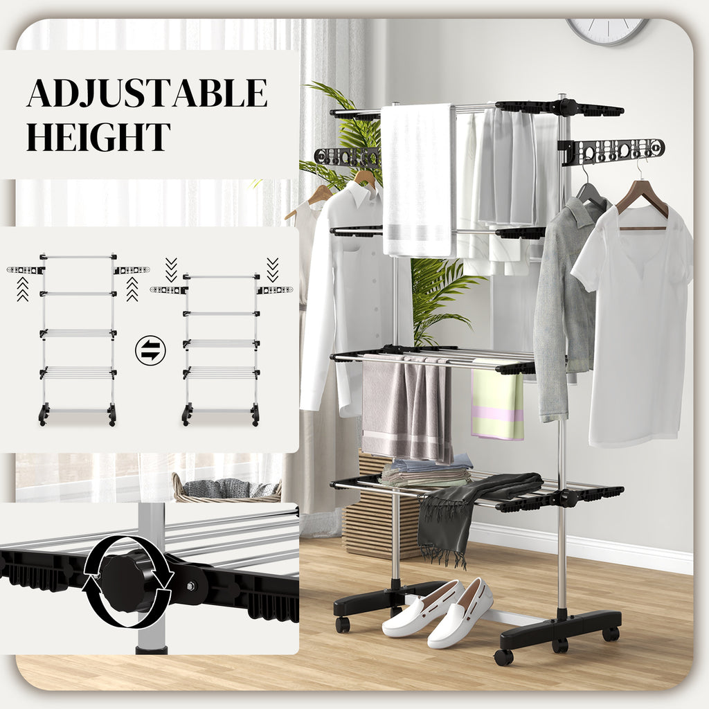 Garment Drying Rack Stainless Steel Folding Clothes Hanging Rack with Side Wings Castors for Indoor Outdoor White
