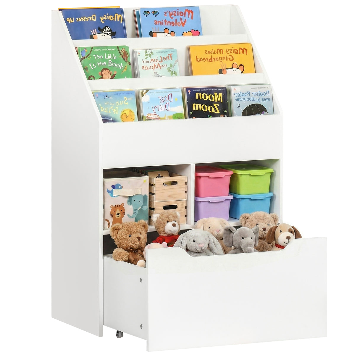 Kids Bookshelf Bookcase, Montessori-Inspired 4 Tier Large Capacity Rack Organizer with Moveable Drawer for Books for Reading Nook, Classroom, Bedroom, Playroom, White
