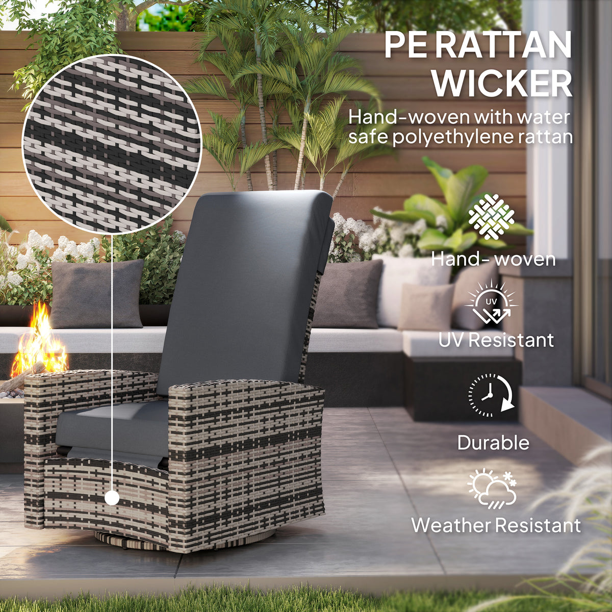 Outdoor Rattan Wicker Lounge Chair with Footrest & Soft Cushion for Patio, Garden, Backyard, Grey