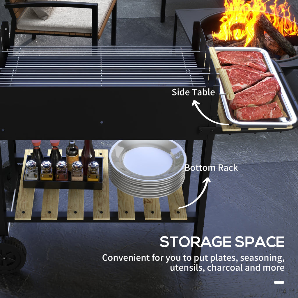 Charcoal Grill,Barbecue Trolley with Double Adjustable Grill, Side Table, Storage Shelf and Wheels, Black