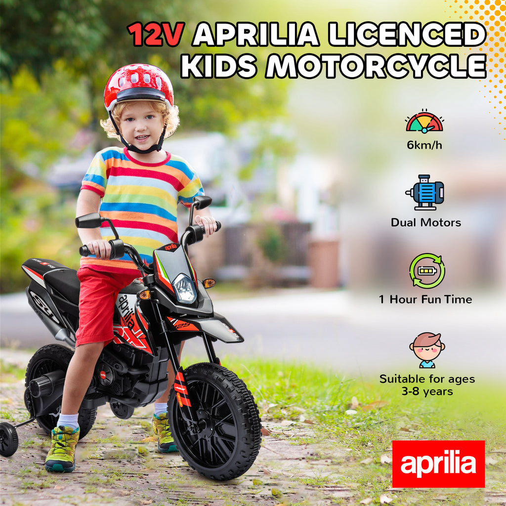 دراجة نارية كهربائية للأطفال مرخصة من Qaba 12V Aprilia، دراجة ترابية تعمل بالبطارية مع عجلات تدريب للأعمار 3-8، أحمر