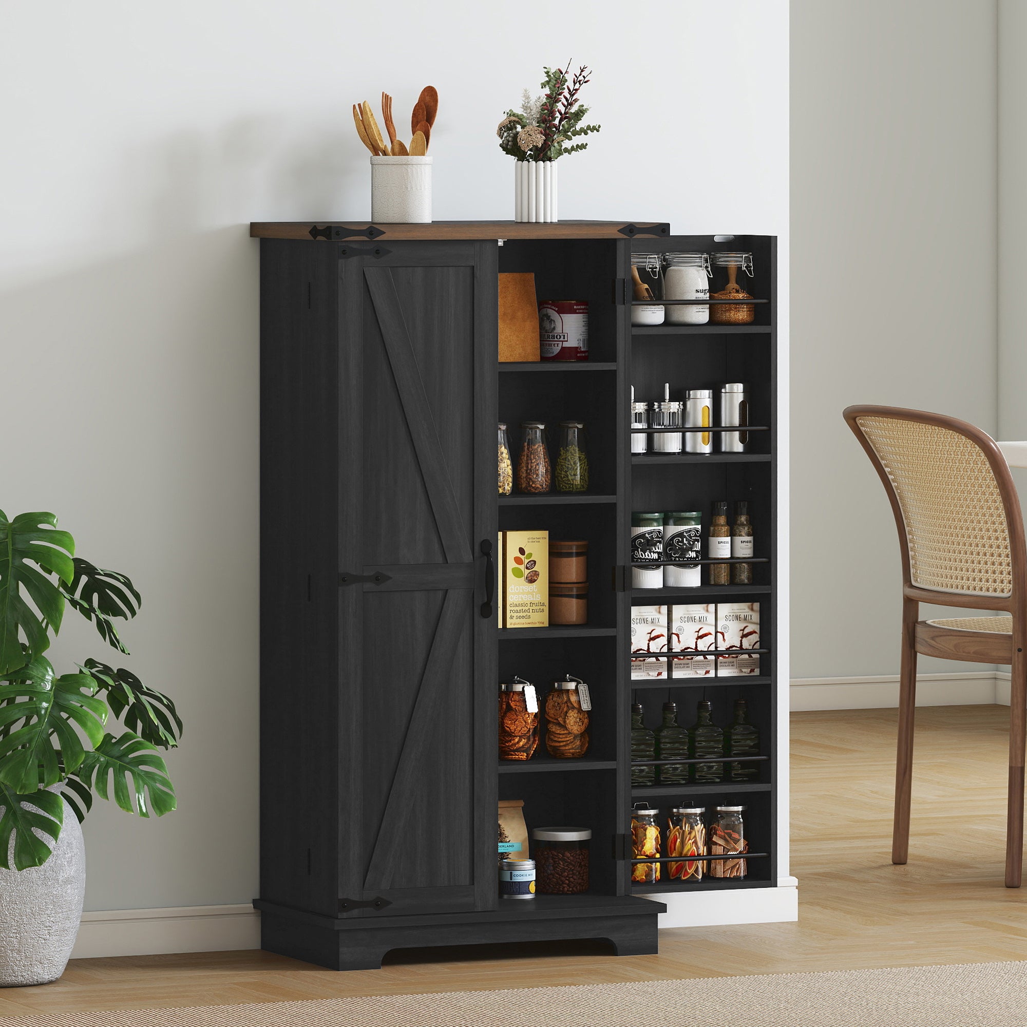 47" Kitchen Pantry Storage Cabinet, Farmhouse Kitchen Pantry Cabinet with Adjustable Shelves and Door Shelves, White