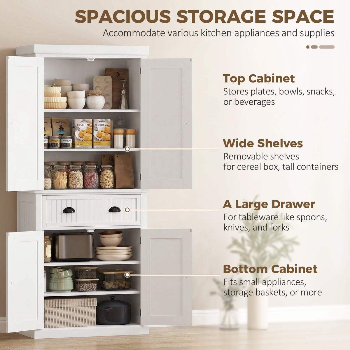 72" Kitchen Pantry, Freestanding Storage Cabinet with Drawer, Doors, Black