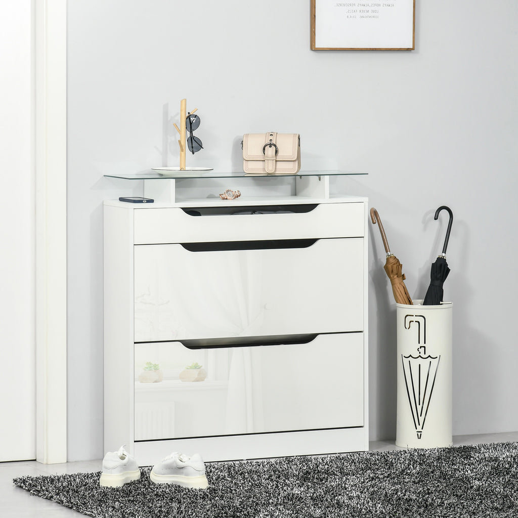 High Gloss Shoe Cabinet with 2 Flip Drawers and Adjustable Shelves, Narrow Shoe Storage Cabinet with Glass Top, White