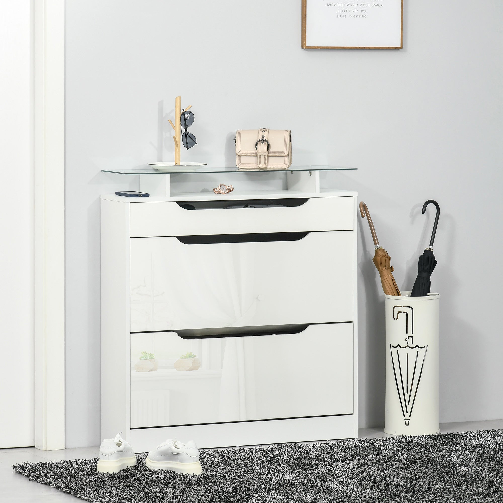 High Gloss Shoe Cabinet with 2 Flip Drawers and Adjustable Shelves, Narrow Shoe Storage Cabinet with Glass Top, White
