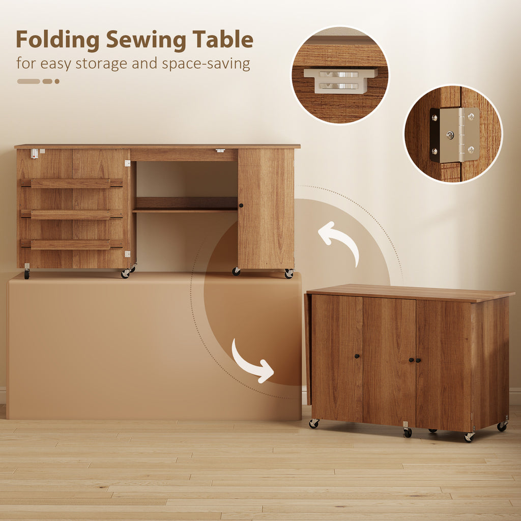Sewing Machine Table with Drop Leaf, Folding Craft Table with 2 Doors and Adjustable Shelf for Small Spaces, Brown