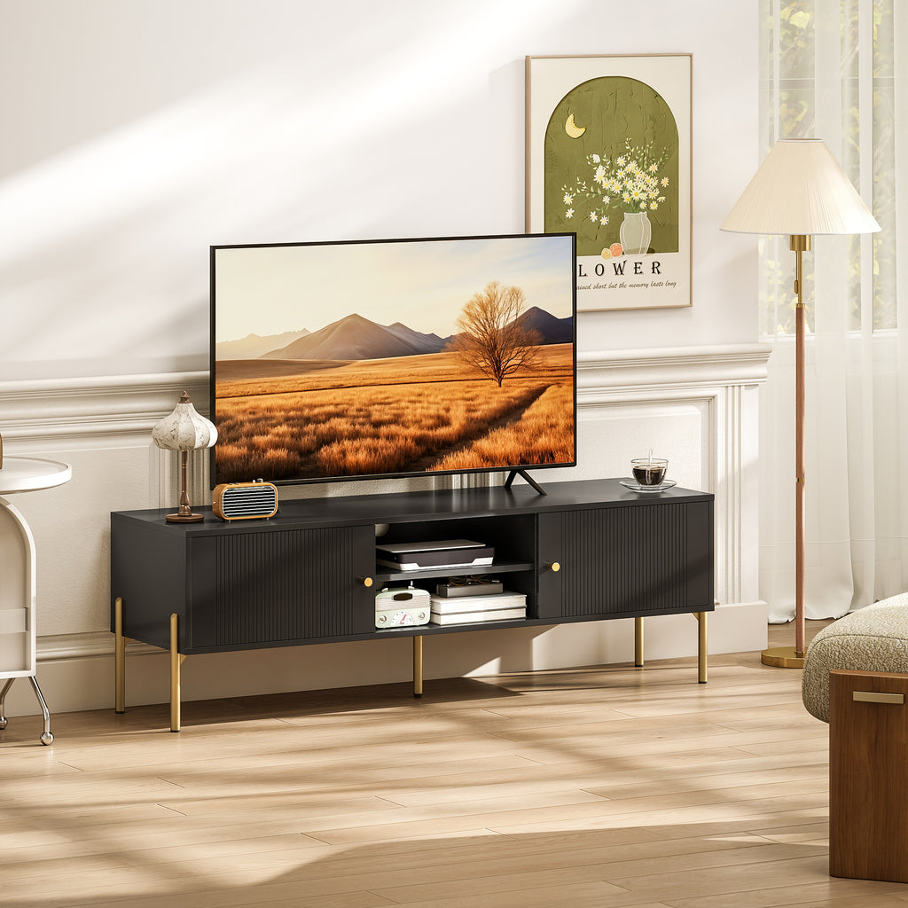 ንቲቪ ስታንድ ንቲቪ ክሳብ 65"፣ መዝናኒ ማእከል ምስ 2 ክፍት መደርደሪታት፣ 2 ካቢኔታትን ሓጺን እግርን ንክፍሊ መነባብሪ፣ ጸሊም