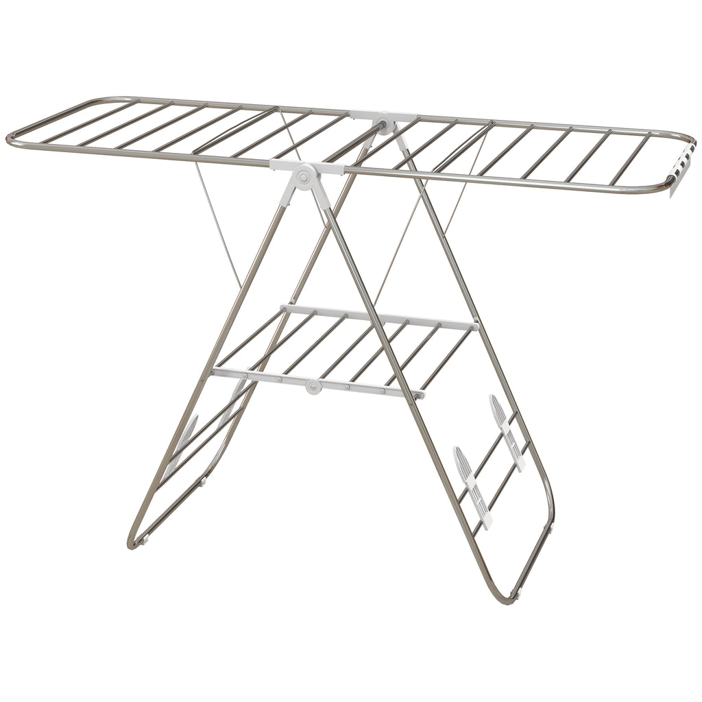 Clothes Drying Rack, 2-Tier Stainless Steel Foldable Laundry Rack with Adjustable Wings and Shoe Holders, Silver