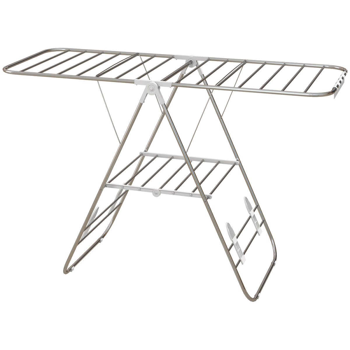Clothes Drying Rack, 2-Tier Stainless Steel Foldable Laundry Rack with Adjustable Wings and Shoe Holders, Silver