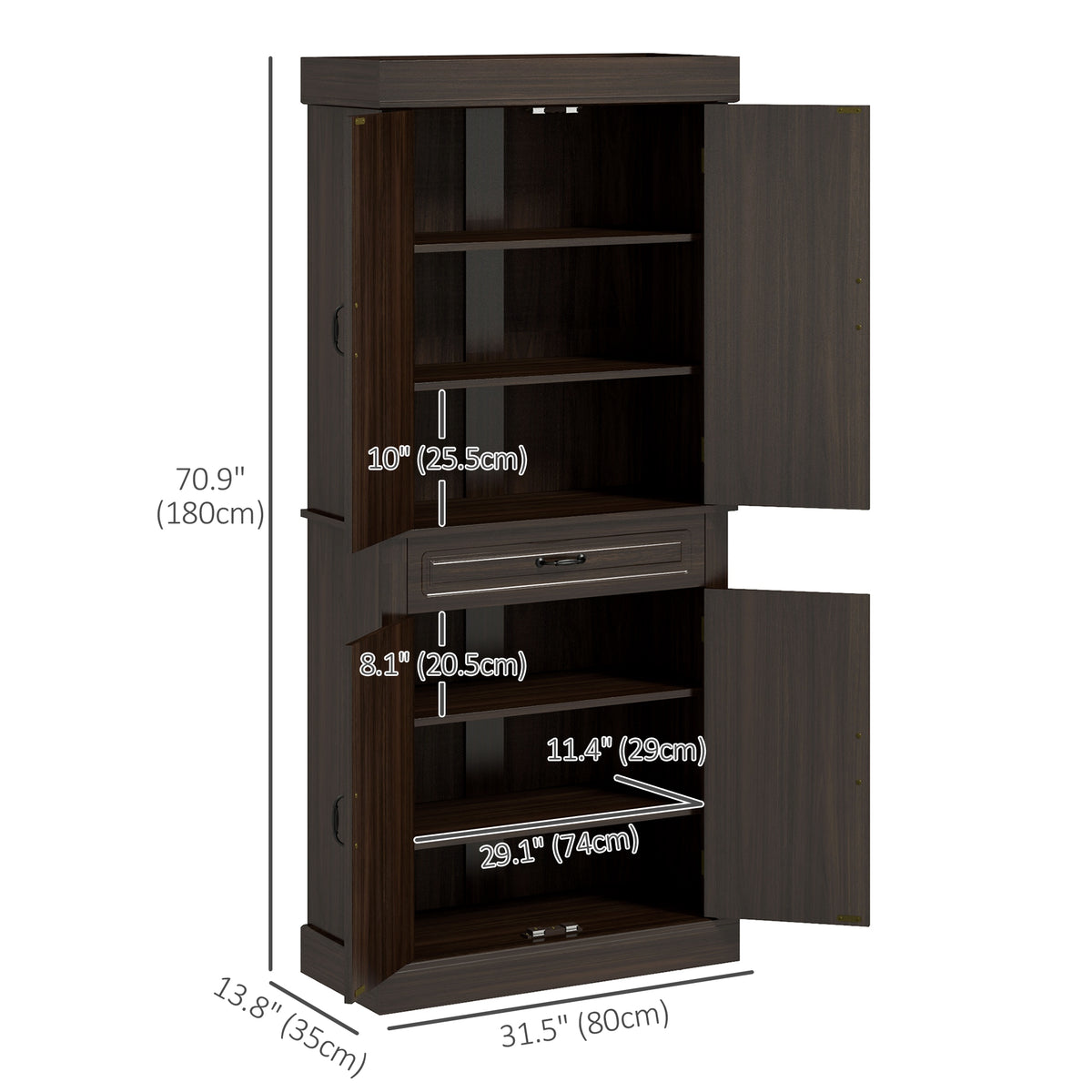 71" Freestanding Kitchen Pantry with 4 Doors and 2 Cabinets, Tall Storage Cabinet for Kitchen, Distressed Coffee