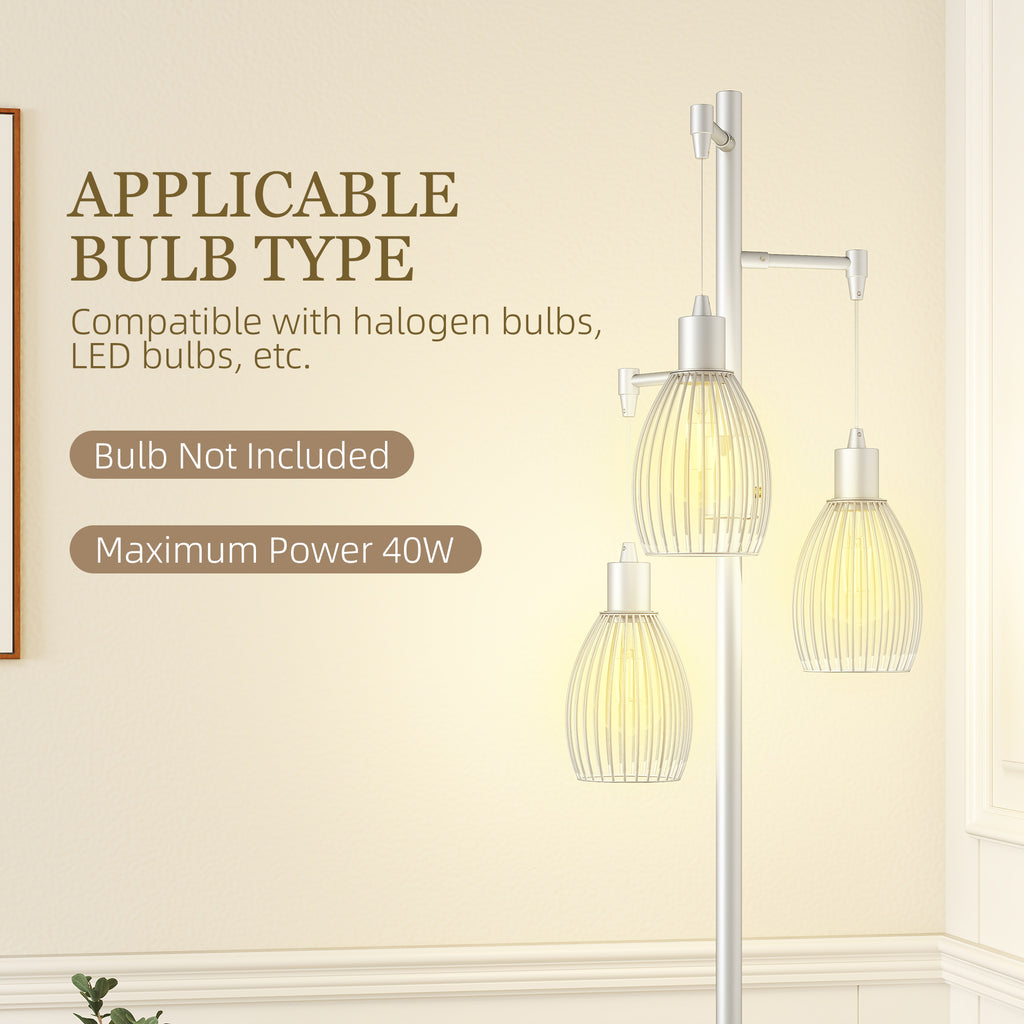 Industrial Floor Lamp with 3 Hanging Wire Lampshades, Dimmable Standing Lamp for Living Room, Silver
