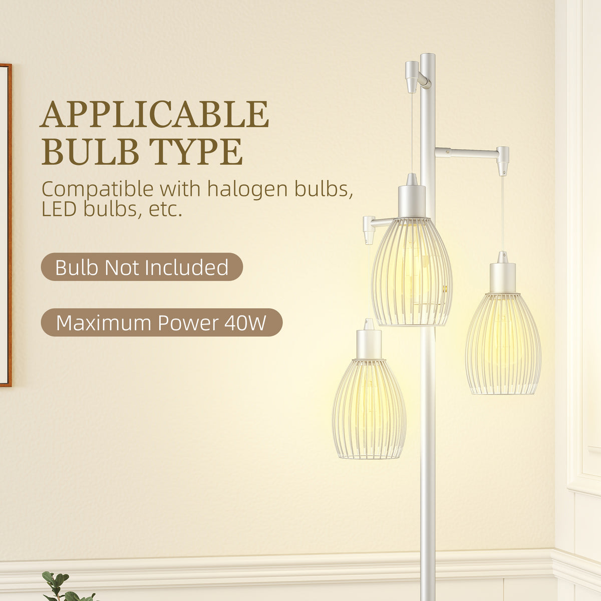 Industrial Floor Lamp with 3 Hanging Wire Lampshades, Dimmable Standing Lamp for Living Room, Silver
