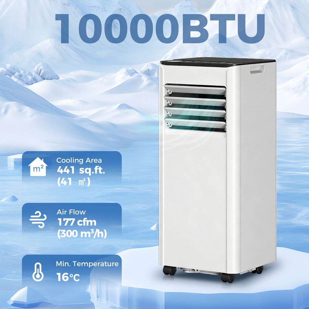 10,000 BTU ተንቀሳቓሲ ኣየር ማስተኻኻሊ፡ ኣብ ሓደ ክፍሊ ክሳብ 441 ካሬ ጫማ ዝስፋሑ ንዝህልዎ ክፍሊ ምስ ማይ ኣልማዝ ኣስተኻኻሊ፡ ፋን፡ ዋይፋይ ቪዮይስ ሪሞት ኮንትሮል ዘለዎ።