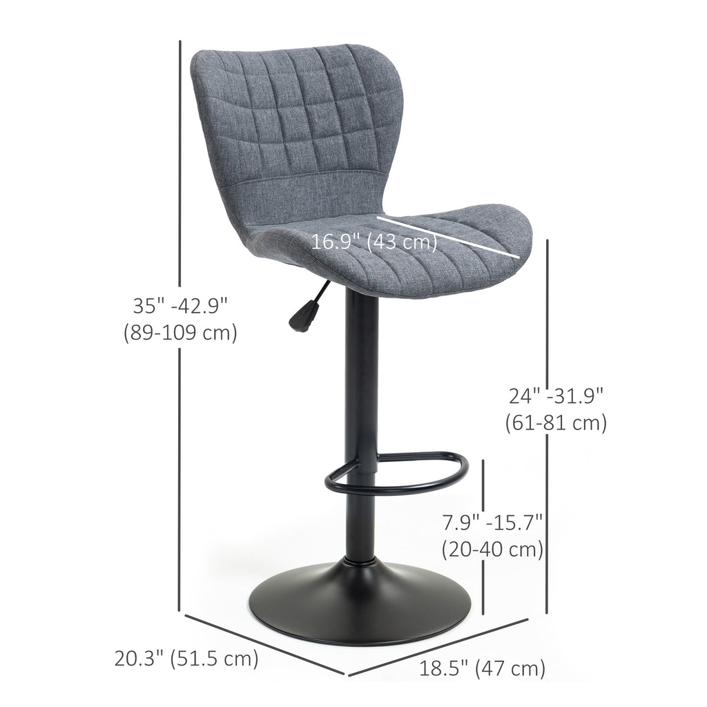 Bar Stools Set of 2, Adjustable Height Swivel Bar Chairs, Linen-feel Fabric Upholstered Kitchen Counter Stools with Wide Seat, Back and Footrest, Grey