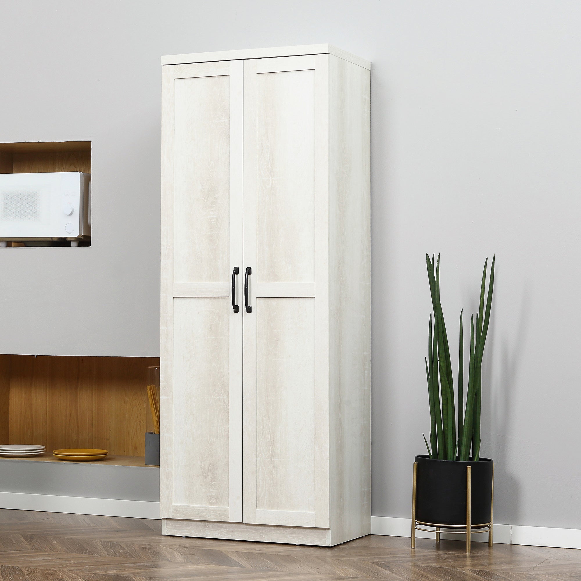63" Kitchen Storage Cabinet, 5-tier Pantry Cabinet with Doors and Adjustable Shelves for Dining Room, Distressed White