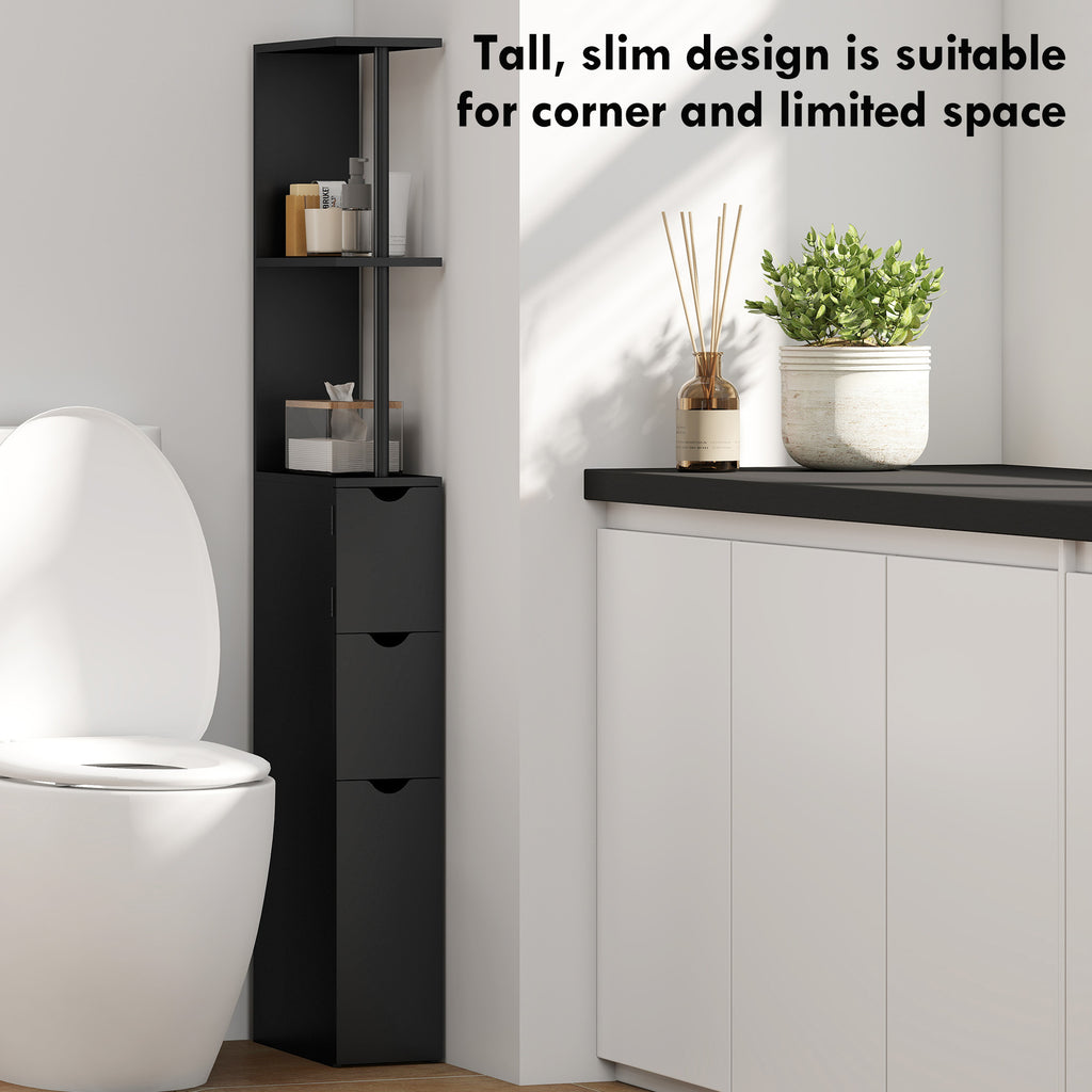 Tall Bathroom Storage Cabinet, Narrow Bathroom Cabinet with Drawers and Open Shelves for Small Spaces, Brown