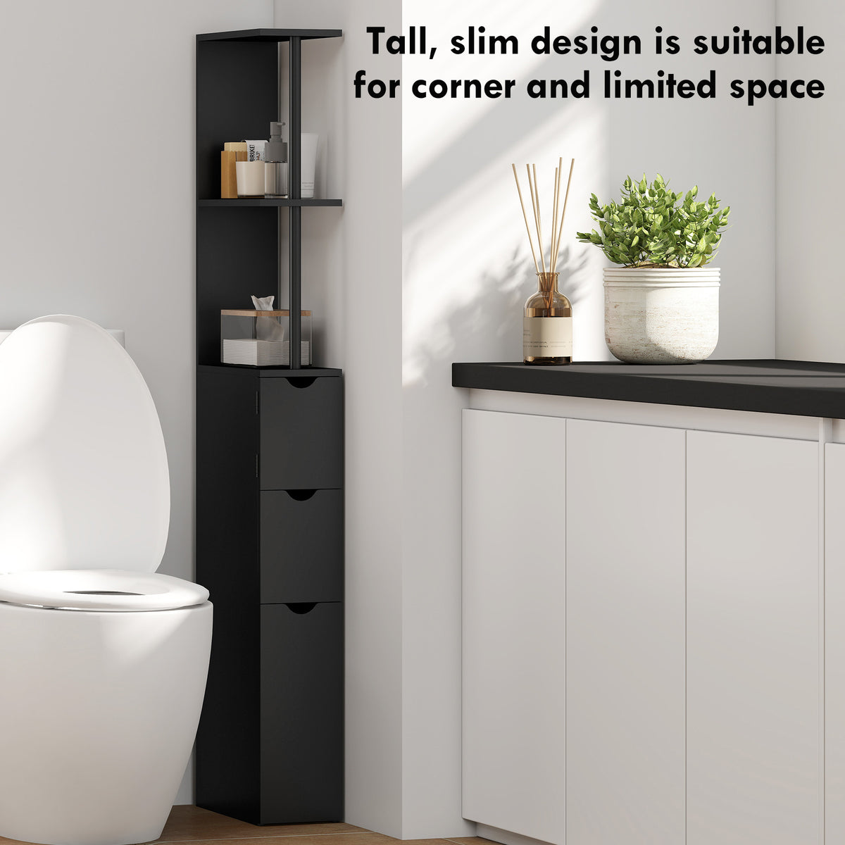 Tall Bathroom Storage Cabinet, Narrow Bathroom Cabinet with Drawers and Open Shelves for Small Spaces, Brown