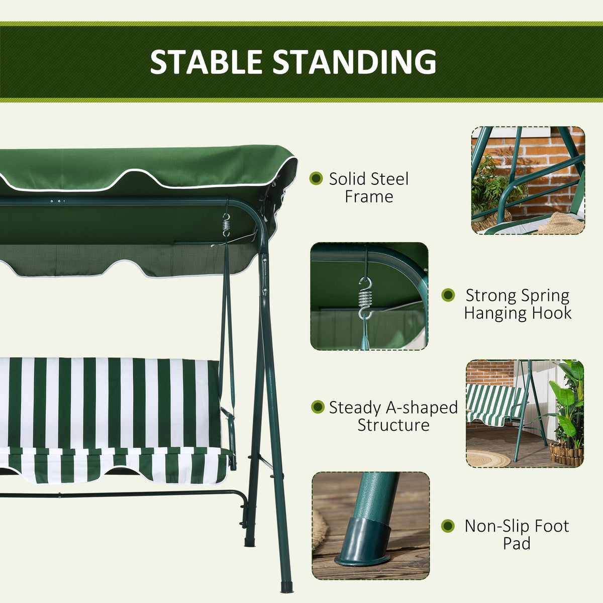 3-Seater Outdoor Porch Swing with Adjustable Canopy, Patio Swing Chair for Garden, Poolside, Backyard, Green and White
