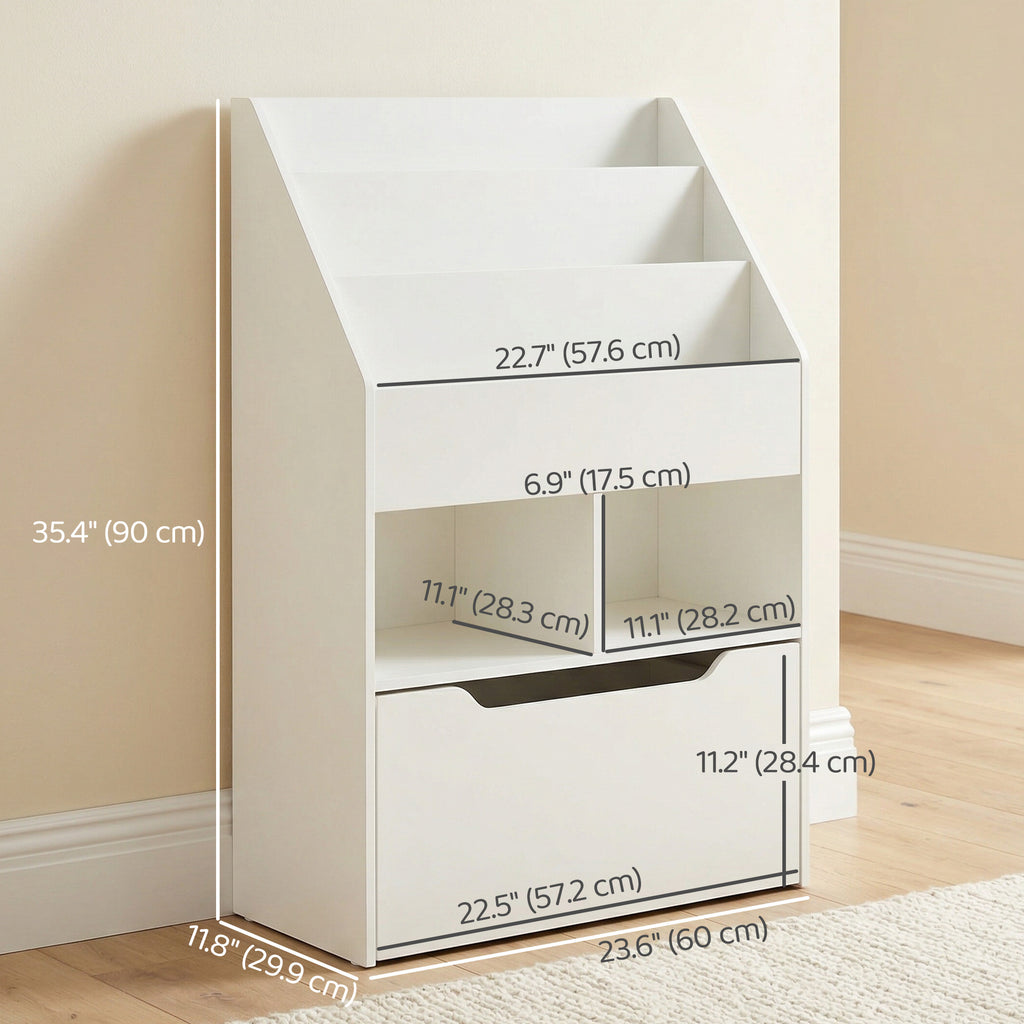 Kids Bookshelf Bookcase, Montessori-Inspired 4 Tier Large Capacity Rack Organizer with Moveable Drawer for Books for Reading Nook, Classroom, Bedroom, Playroom, White