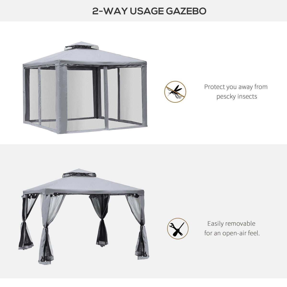 10' x 10' Patio Gazebo Pavilion, 2-Tier Roof Canopy Outdoor Event Tent with Steel Frame and Mosquito Netting for Garden, Yard and Sun Shade Use, Grey