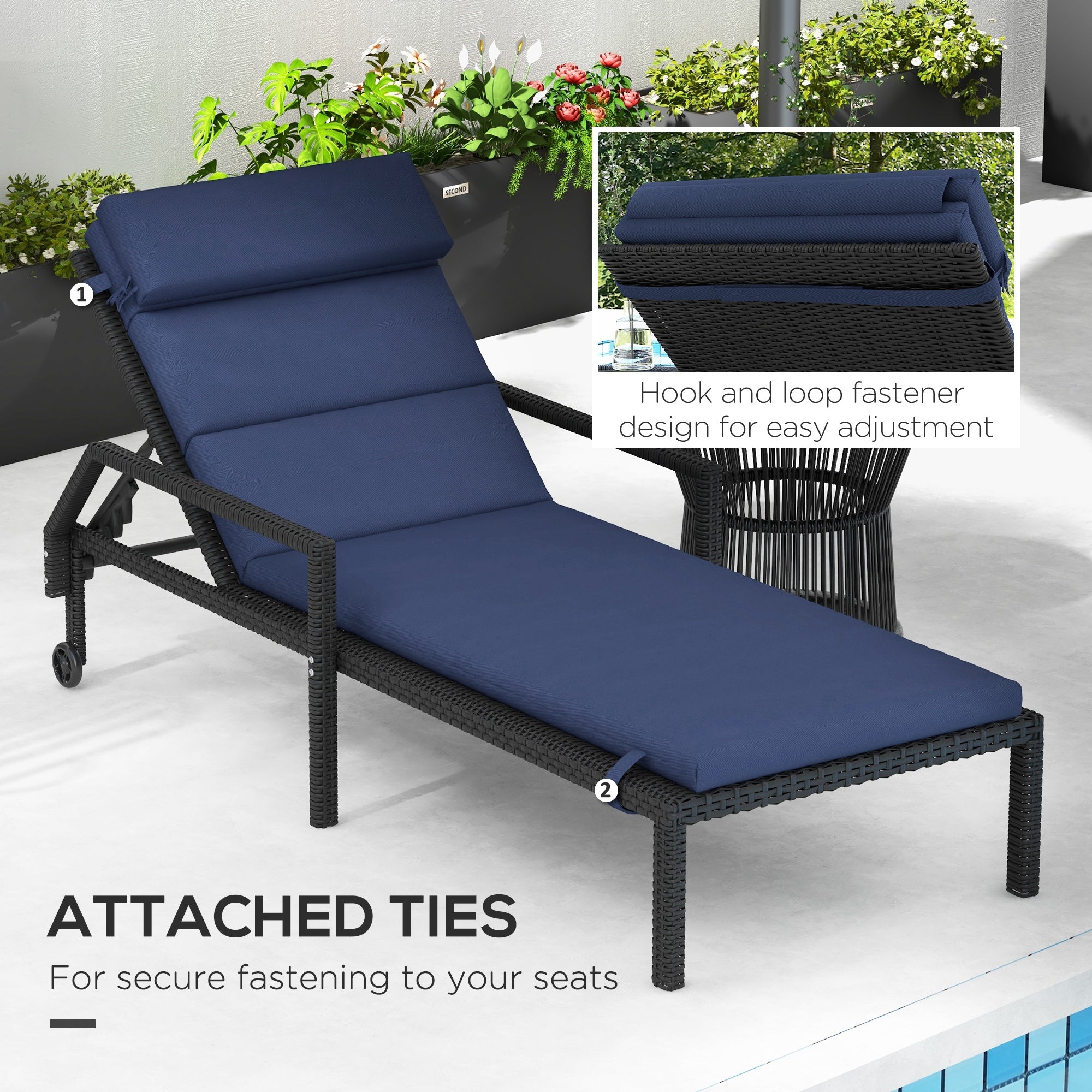 Patio Chaise Lounge Chair Cushion Replacement Sun Lounger Pads with Headrest and Ties, Dark Grey