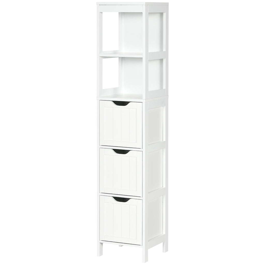 Narrow Bathroom Cabinet with 3 Drawers and 2 Tier Shelf, Tall Cupboard Freestanding Linen Tower, White