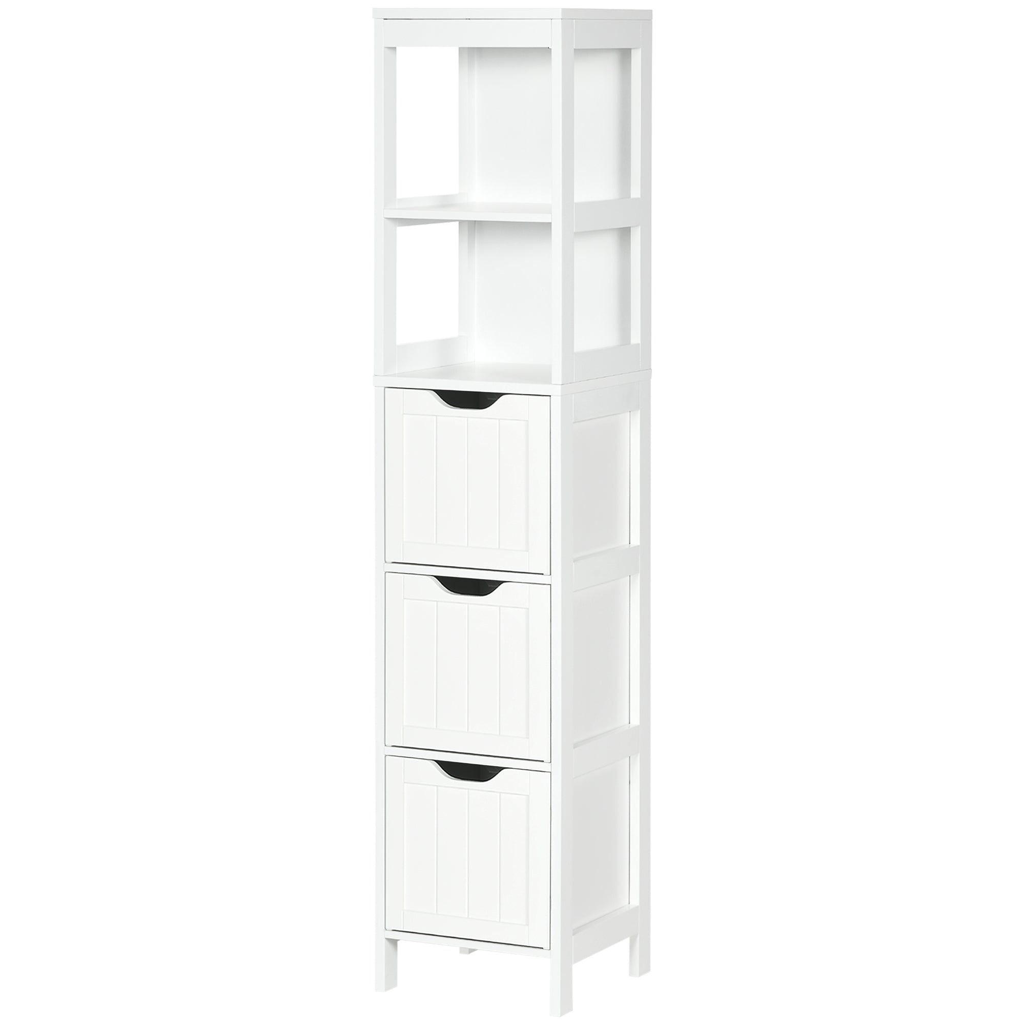 Narrow Bathroom Cabinet with 3 Drawers and 2 Tier Shelf, Tall Cupboard Freestanding Linen Tower, White