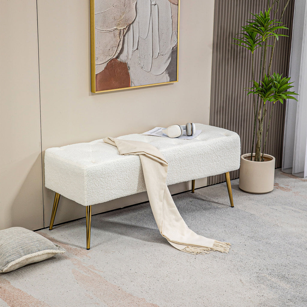 44" Lamb's Wool-Feel Upholstered Bedroom Bench, End of Bed Bench with Thick Padded Cushion and Steel Legs, Cream White