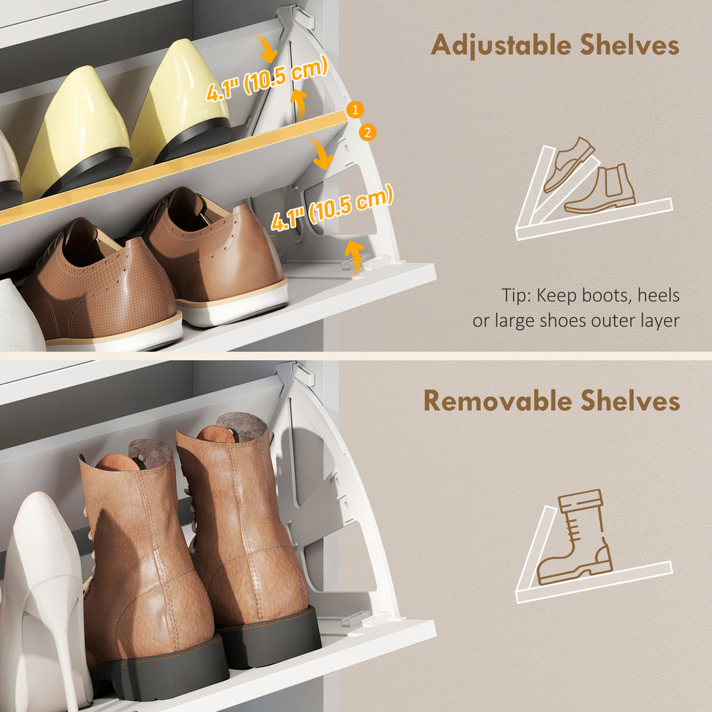 Shoe Cabinet with 2 Large Flip Drawers, Farmhouse Narrow Shoe Storage Cabinet with 2 Top Compartments, White