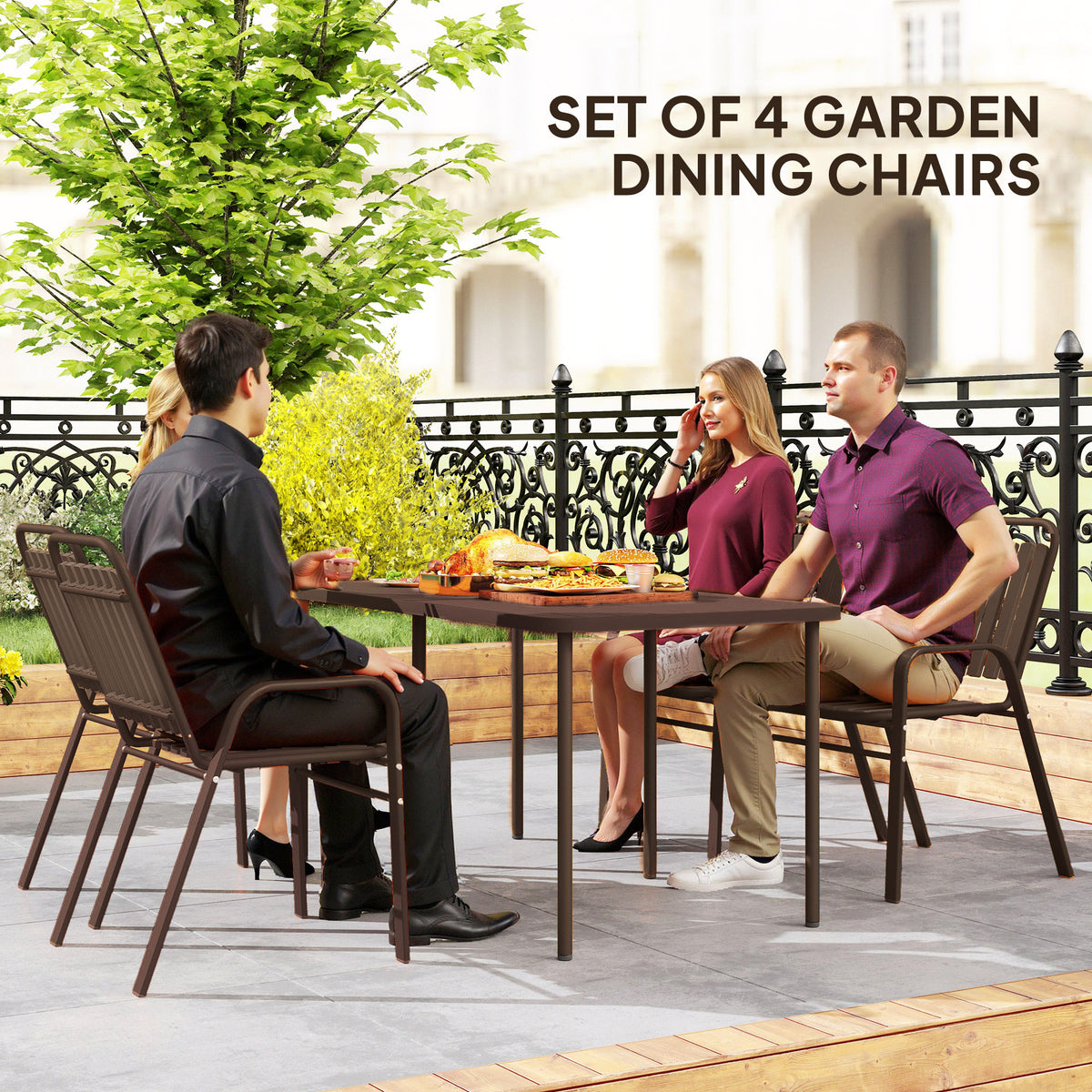 Stackable Outdoor Dining Chairs Set of 4, for Patio, Balcony, Deck, Garden, Dark Brown