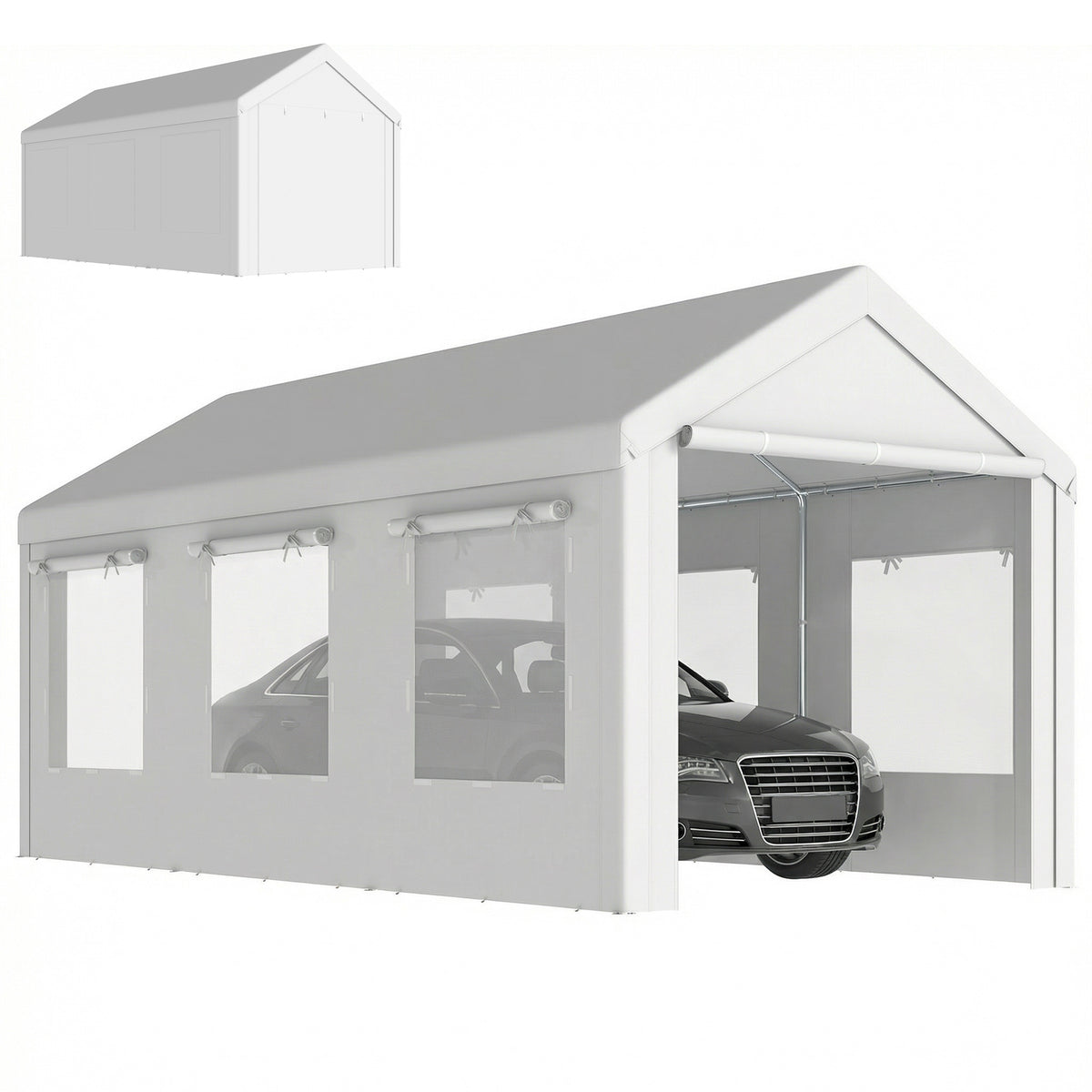 10' x 20' Heavy Duty Carport, Height Adjustable Portable Garage Car Canopy Tent Shelter with Doors, Windows, White