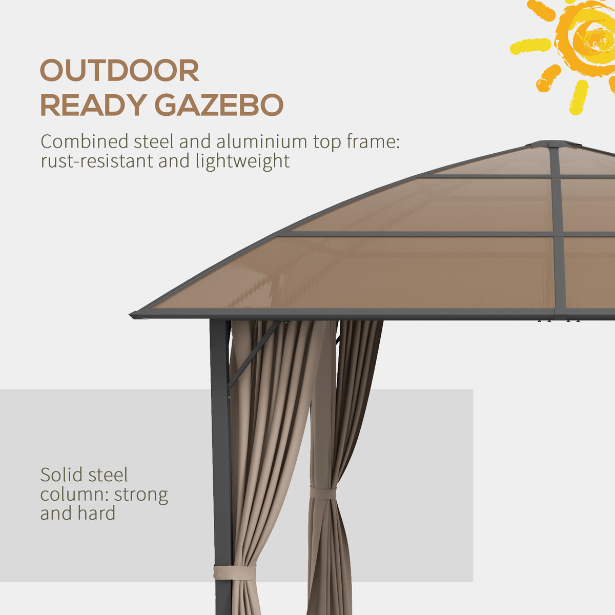 10' x 10' Outdoor Hardtop Gazebo Canopy with UV60+ Polycarbonate Roof, Steel Frame, Central Hook, Curtains, Khaki
